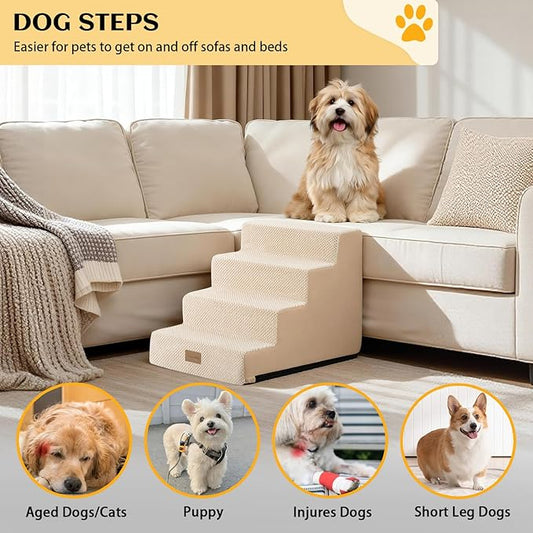 Dog Stairs for Small Dogs, 4 Tier Widened Pet Stairs for Beds and Couch, 17.7" H Non-Slip Dog Steps for Puppy, Elderly, or Disabled Dogs, 17.7x23.6x17.7 inch, Beige