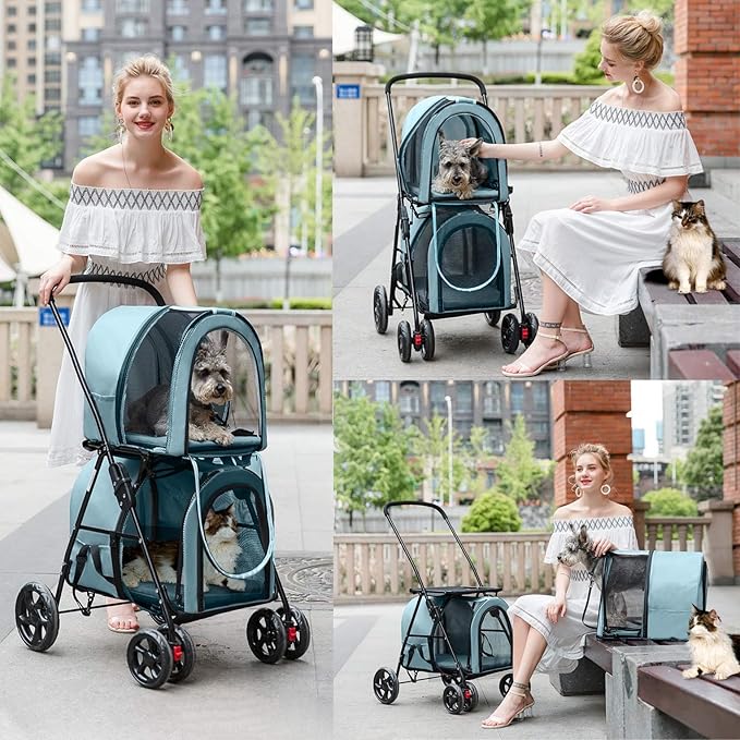 Double Pet Stroller for Dogs and Cats with 2 Detachable Carrier, Quick-Folding Dog Stroller for Medium Small Dogs Cats, 4 Wheels, Light Blue
