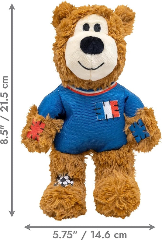 KONG Wild Knots Bear Soccer Player Dog Toy – France – National Team Jersey Inspired – International Tournament Edition – Plush Rope Toy with Squeaker, Medium/Large