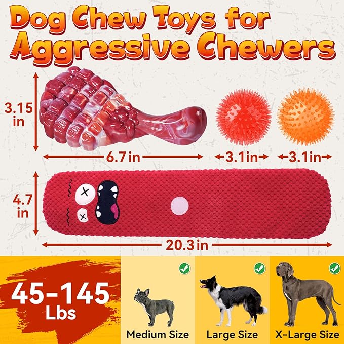 KIPRITII Long-Lasting Heavy Dog Chew Toys for Aggressive Chewers – 6 Pack Tough Dog Toys Include Indestructible Chew Bone, Interactive Tug Toys & Squeaky Balls, Ideal for Medium & Large Breeds Dogs