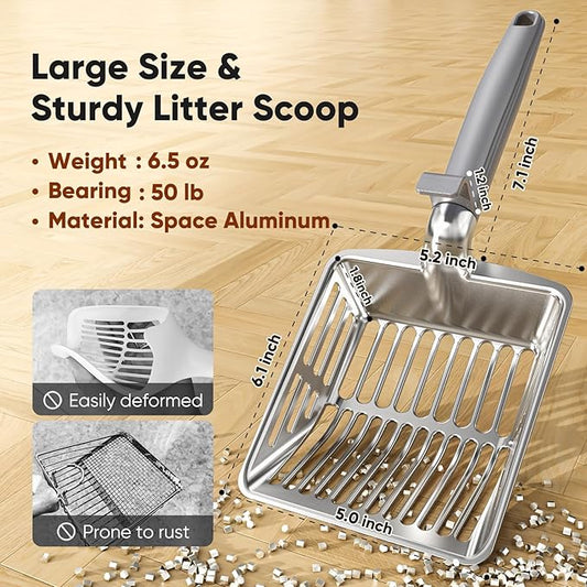 Metal Cat Litter Scoop, Large Cat Scooper with Deep Shovel & Dual Sifting Holes for Fast & Precise Sifting, Space Aluminum Kitty Litter Scooper with Long Handle & Easy-to-Hang Hook - Grey