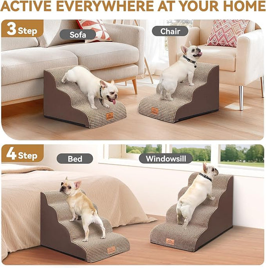 Dog Ramp and Stair for Bed 16" H-20 H,3-Step Cat Stair for Sofa and Chair,4-Step Dog Ramp for High Bed and Window,Durable Nonslip Fabric Cover for Indoor (Coffee-16 H, Pet Friendly, 3)
