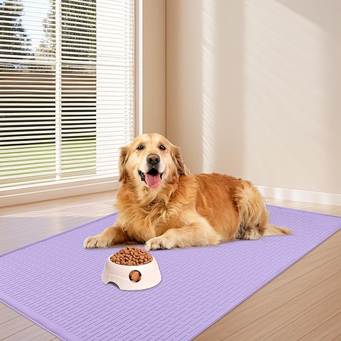 Dog Food Mat, Extra Large 34" x 22" Silicone Pet Feeding Mat with Raised Edge Pet Placemat for Small, Medium, and Large Pets Non-Slip, Easy to Clean (Purple)