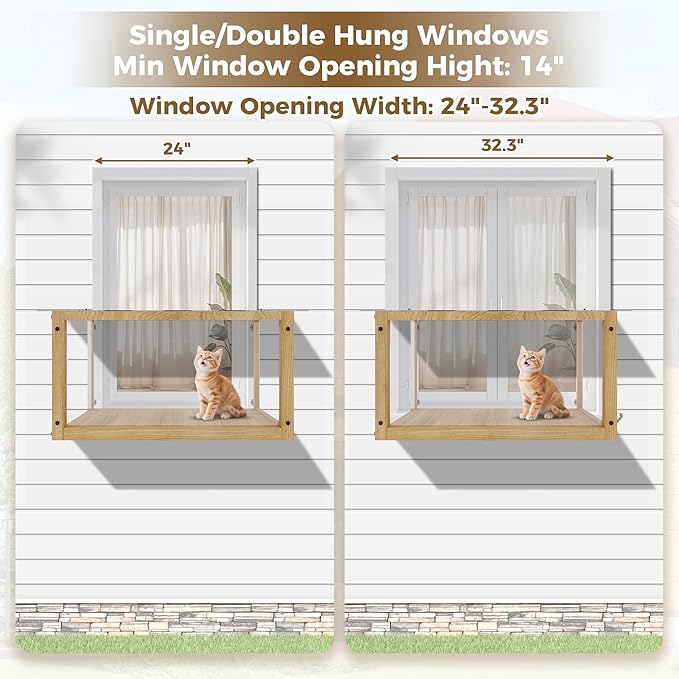 Waterproof Window Cat Perch Catio, Solid Wood Cat Window Box with Clear Acrylic Panels, Outdoor Cat Enclosure for Indoor Cats, Window Catio for Single-Hung Windows 24–35 in