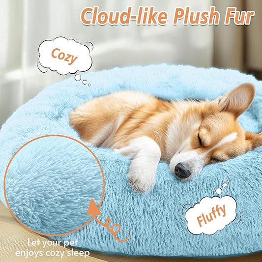 JOLLYVOGUE Calming Dog Bed Medium Size Dog, 31in Donut Washable Medium Pet Bed, Anti-Slip & Anti-Anxiety Fluffy Faux Fur Round Dogs Bed, Fits up to 45 lbs Pets (Light Blue)