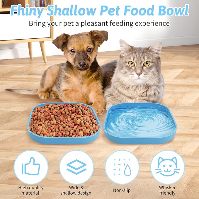 Fhiny 2PCS Silicone Cat Bowls Set 7.1 x 7.1 in Shallow Dog Dish Whisker Friendly Cat Food Plate for Dry & Wet Food Dishwasher Safe Non-Slip Pet Feeding Bowls for Kittens and Puppies (Blue)