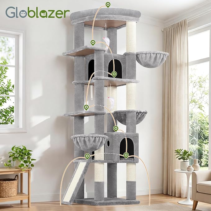 Globlazer Extra Large Cat Tree, 78 inch Sturdy Tall Cat Tree Tower for Indoor Multiple Large Adult Cats Kittens with 6 Scratching Posts, Enlarged Top Perch, 2 Padded Condos, S78G, Light Grey