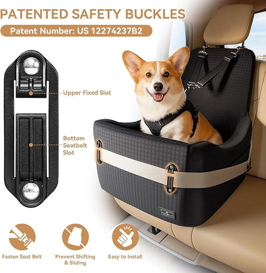 PETSFIT Dog Booster Car Seat for Small/Medium Dogs Up to 35 lbs – Patented Safety System, 6" Memory Foam Pet Car Seat, Fully Detachable and Washable Cover, Front/Back Seat Travel Booster (Black)