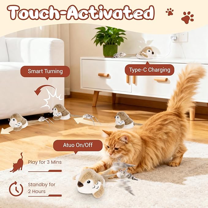 Moving Cat Toy Automatic Cat Toys Interactive Bird Cat Toy with Catnip Toys Wagging Tail Chirp Tweet Rechargeable Interactive Kitten Toy(No Flying Bird)