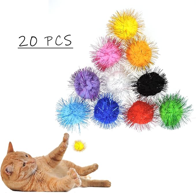 Andiker Cat Sparkle Balls - 1.5 Inches Colorful Tinsel Glitter Pom Pom Toys for Indoor Cats - Interactive and Lightweight to Keep Fit and Active (4.5cm, 20pcs)