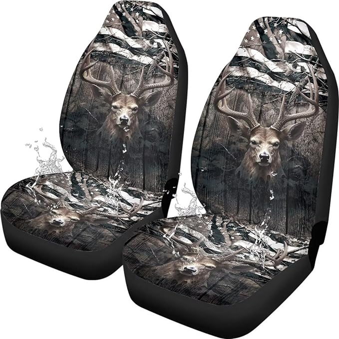 Car Seat Covers 2 Pcs, Waterproof Universal Camo American Flag Deer Hunter Front Seat Protector, Easy Installation Car Interior Accessories Universal for Cars Truck SUV Van