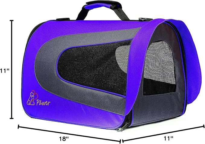 Pawer 18” x 11”x 11” Soft-Sided Foldable Airline Approved Pet Carrier for Cat, Puppy and Small Dog, Washable 600D Oxford Fabric, with Handle and Strap for Carry, Multiple Colors Available