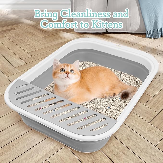 Fhiny Kitten Litter Box Portable Shallow Litter Box 17.7"x13.4"x4.9" Foldable Cat Toilet with Scoop Open Kitty Potty Pan with Litter Drop Pedal Easy to Clean Travel Kitten Toilet(Gray)