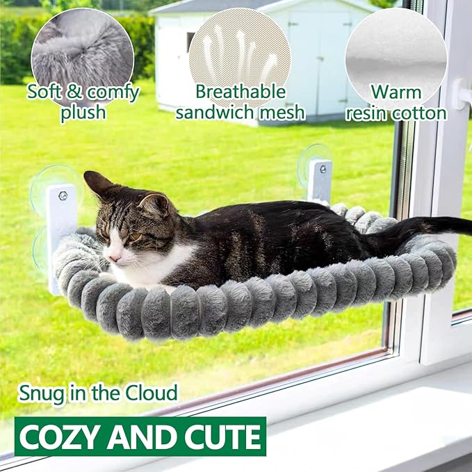 Collapsible Window Perch for Indoor Cats, Large Cats & Kittens - Equipped with a Cat-Catching Stick, Solid Metal Frame, Soft Cover, Strong 4 Suction Cup Wall Mount