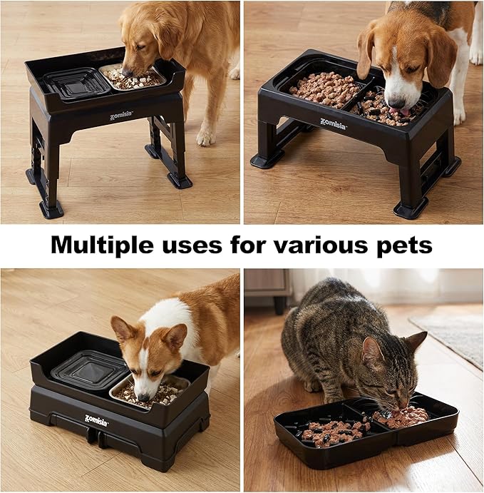 3-in-1 Raised Dog Bowl - 6 Height Adjustable Elevated Dog Bowls, Double Deck Design Mess Proof, Feeding Station with 2L No Spill Stainless Steel Bowls & Licking Plate for Medium Large Pets