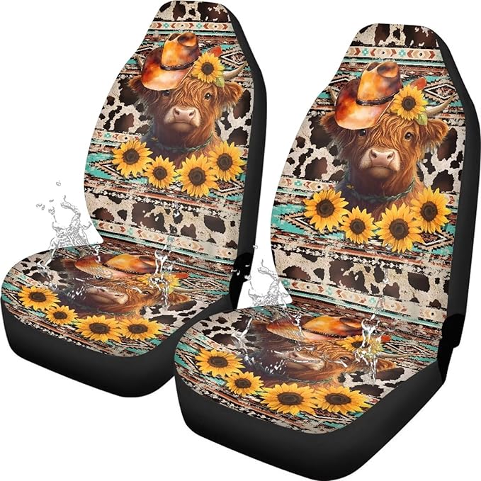 Car Seat Covers Waterproof Universal Aztec Highland Cow Print Front Car Seats Easy Installation Washable Cover Automotive Interior Accessories for Cars Truck SUV Van