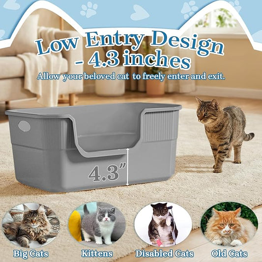 2 Pack Low Entry Litter Box for Kittens & Senior Cats, High Sided Litter Boxes with Handle, Anti-Splash Plastic Large Litter Tray Pan for Big Cat, Easy to Clean, 19.6" L*13.7" W*8.6" H (Grey)