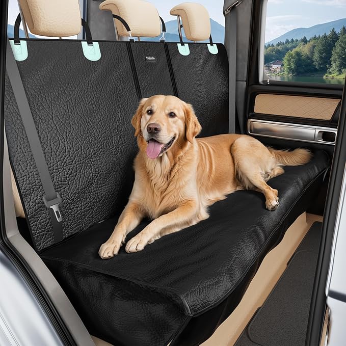 Dog Car Seat Cover for Back Seat with PU Leather, Waterproof Backseat Pet Cover for Dogs, Rear Seat Protector for Dogs with Non-Slip Net, Universal Fit for Car, Truck and SUV, Black