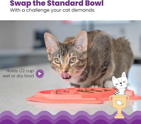 Catstages Fishie Fun Feed Mat – Non-Slip Slow Feeder Mat for Cats with Catnip, Crinkle Sounds & Engaging Play, ½ Cup Food Capacity, Pink