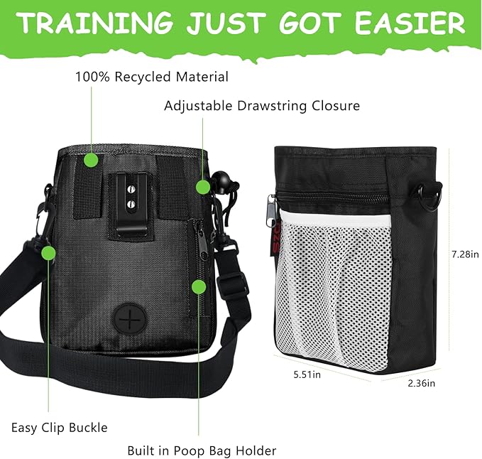SZO Dog Treat Pouch - 3 Ways to Wear Treat Pouches for Pet Training and Clicker Taining for Dogs, Dog Training Treat Pouch Bag and Dog Clicker for Training with Waist Belt Shoulder Strap - Black
