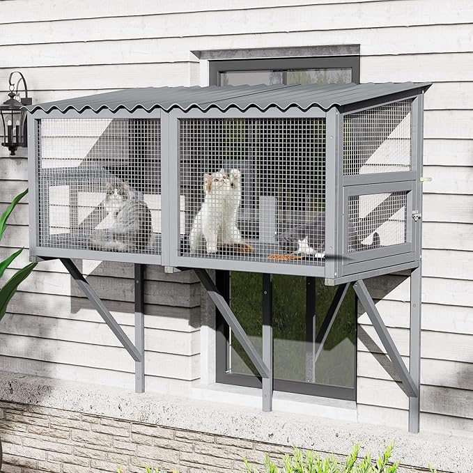 MAGIC UNION Cat Catio, Cat Windows Perch for Large Indoor Cats - Expandable Wooden Windows Box Enclosure, Waterproof Window Hammock for Safely Enjoying The Outdoor Sight (Grey, 41.3" L)