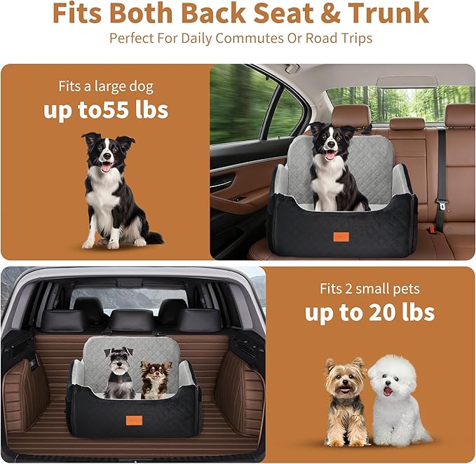 XEEP Dog Car Seat for Medium/Large Dogs Up to 55 lbs – Dog Booster Seat with Memory Foam, 2 Height-Adjust Cushions Bonus Urine Pad & Blanket Safety Leashes, Removable Washable Cover (Black/Grey)