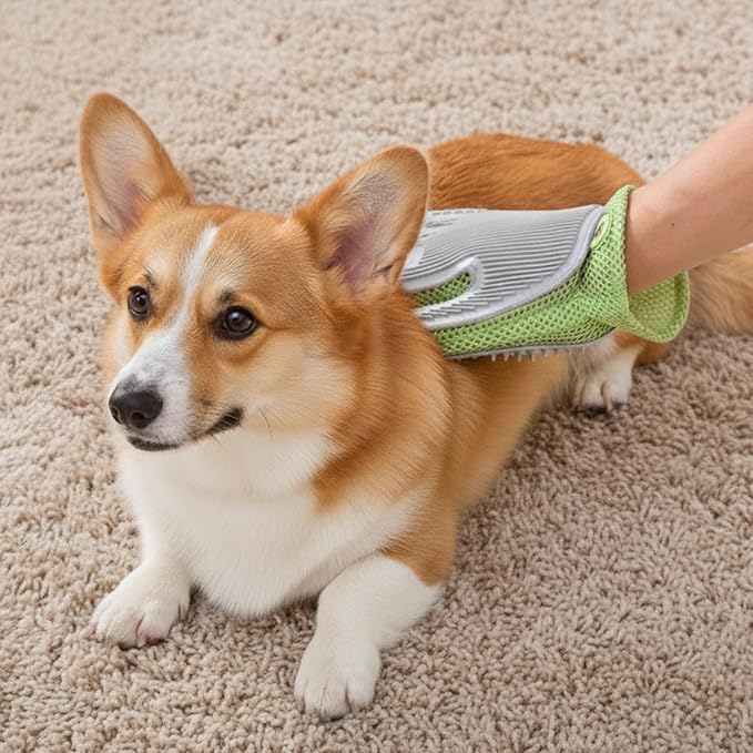 PetPals Single Pet Hair Removal Grooming Glove, Suitable for Long and Short-Haired Dogs and Cats. Double-Sided Function with Pet Hair Removal and Cleaning for Furnitures. Green