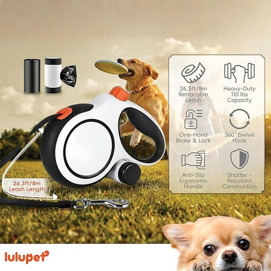 26Ft Heavy Duty Retractable Dog Leash with Dispenser and Poop Bags, for Small, Medium & Large Dogs Up to 110Lbs, 360° Tangle-Free Design and a Durable Chrome Plated Hook