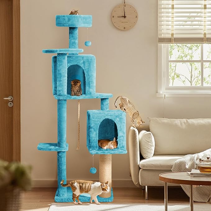 58in Large Cat Tree Tower for Indoor Cats with Soft Plush Hang Ball, Two Condos, Sisal Scratch Posts & Rope Play for Kittens/Adult Cats, Blue