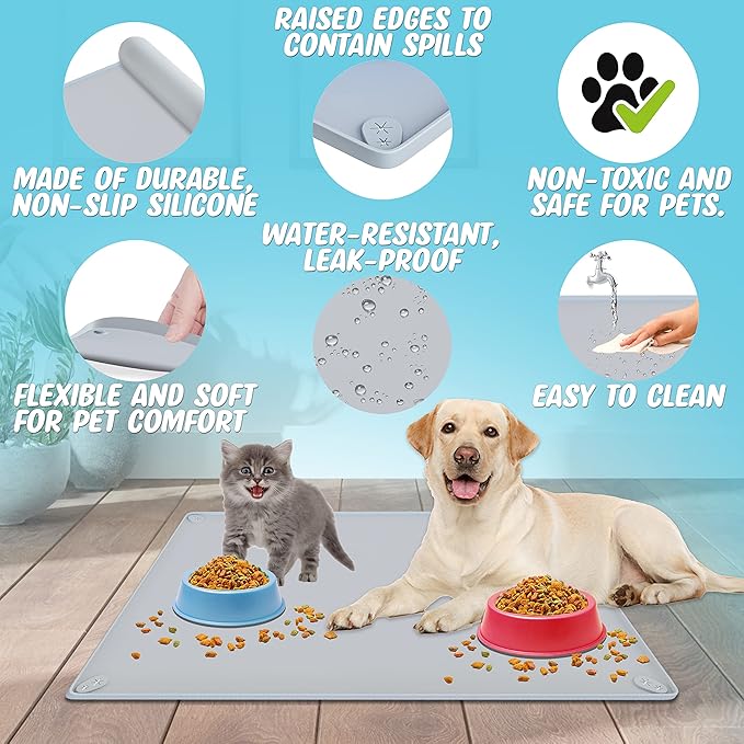 TidyFriend Pet Food Mat 30 x 23 Inches, Pet Tray for Food and Water, Dog Food Mats, Silicone Cat Food Mat, Non Slip Pet Food Mat, Dog Bowl Mat Waterproof, Pet Supplies (Soft Grey)
