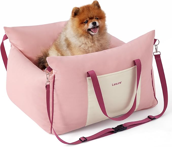 Lesure Small Dog Car Seat for Small Dogs - Soft Dog Booster Seat for Car with Storage Pocket and Clip-On Safety Leash and Thickened Memory Foam Filling, Pet Travel Carrier Bed Strawberry Cream