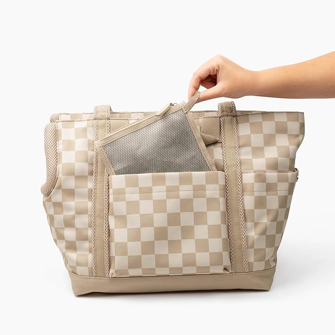 Cleverpup Transit Tote Dog Carrier 4-Piece Set - Premium Lightweight Pet Travel Bag with Plush Teddy Insert, Food Pouch, Air Mesh Opening, Water-Resistant Base & Safety Tether - Medium Checkerboard