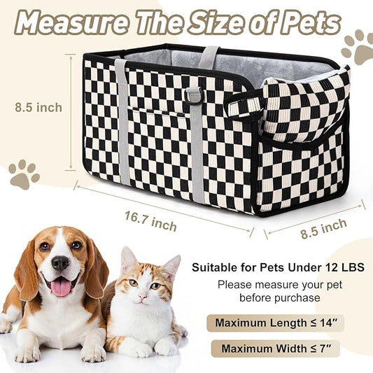 Portable Dog Car Seat for Small Dogs - Pet Booster Seat with Safety Leash & Anti-Collapse Design, Washable Cushion - Center Console Car Travel Carrier for Pets Up to 12 lbs, Black Checkered