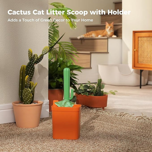 Cactus Cat Litter Scooper with Holder - 2 Replaceable Wheat Straw Plastic Shovels & ABS Handle and Box - Cat Litter Scoop with Bag & Trash Bag Storage - Premium Kitty Litter Scoop Green