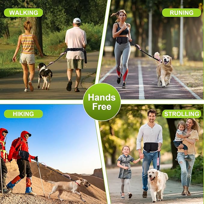 Hands Free Dog Leash, Waist Leash for Dog Walking, Running, Jogging, Waist Leashes with Adjustable Belt, Medium & Large Dogs Running Leashes Hands Free, Dual Padded Handles and Durable Bungee(Pink)