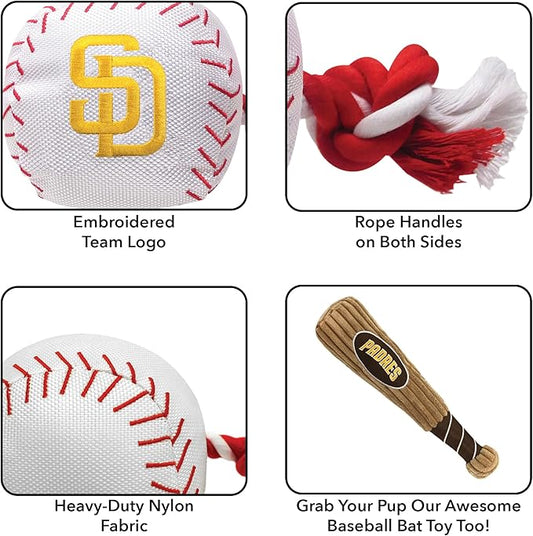 MLB SAN DIEGO PADRES Baseball Rope Toy for DOGS & CATS. Tough nylon, Sporty Baseball Design, Heavy-duty ropes with Inner SQUEAKER