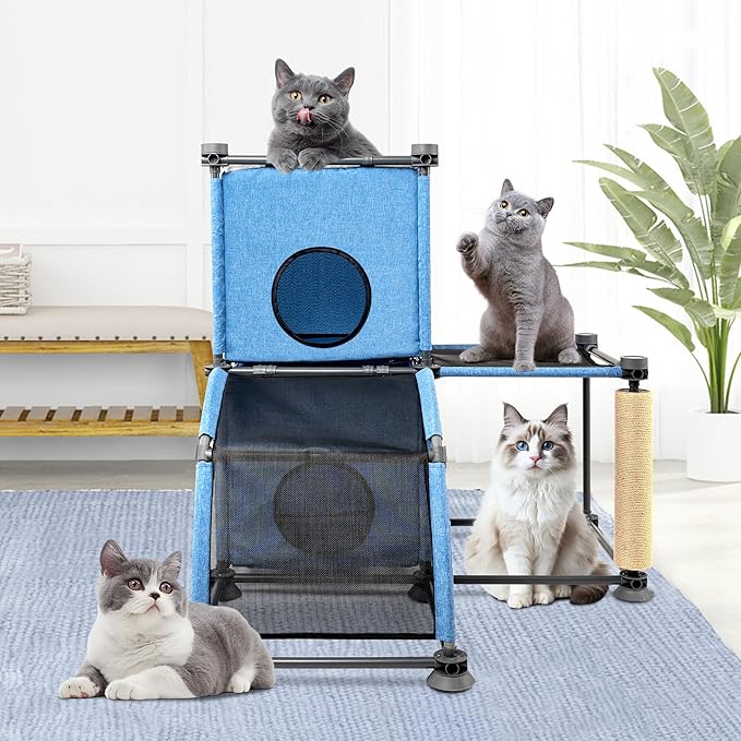 Large Cat Hamock Bed with Scratching Post – Multi-Level Cat Tree with House Condos & Ladder for Indoor/Outdoor Use+Blue/Two-Tier