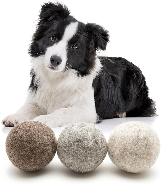 Glaciart One Felt Wool Balls for Dogs (3 Pcs)| Durable Dog Chew Toy, Puppy Chew Toys for Teething & Dog Teeth Cleaning | Pet Toys Fetch Games & for Anxiety/Boredom | Great for Small or Medium