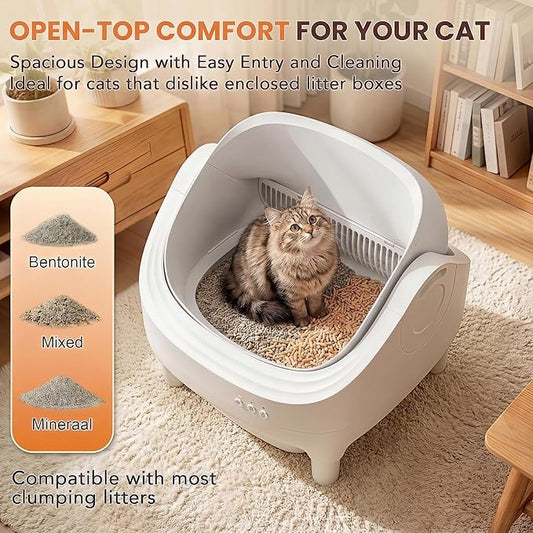 Self Cleaning Cat Litter Box, Greesum Automatic Open-Top Smart Litter Box with App Control, 15L Odor-Sealed Waste Bin, Quiet 35dB, Safety Sensors for Large Cats & Multi-Cat Homes