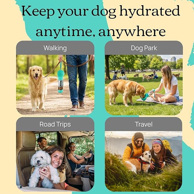 4 in 1 Dog Water Bottle, Leakproof Pet Water Dispenser with Bowl, Poop Bag Holder & Shovel, Dog Travel Accessories for Dogs and Cats, 10oz