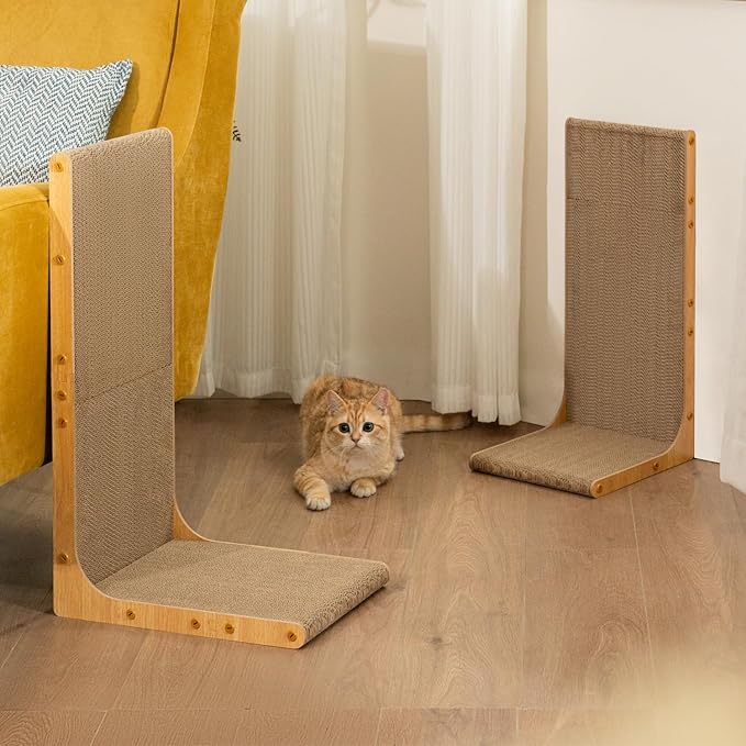 Cardboard Cat Scratcher, 26" L-Shaped Scratch Pad, Vertical Wall-Leaning Scratching Board to Protect Furniture for Indoor Cats,Wood Grain Jumbo