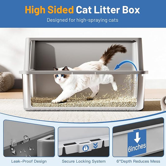 2 Pack XL Stainless Steel Cat Litter Box with Lid and High Sides, 24" L x 16" W x 12" H Extra Large Metal Cat Litter Boxes for Big Cats, Leak-Proof, Non-Stick, Odor-Resistant, Includes Scoop