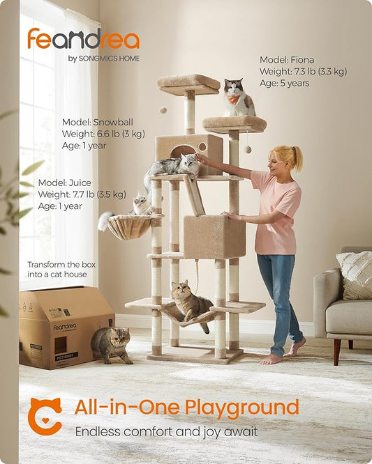 Feandrea Cat Tree, 81.1-Inch Large Cat Tower, Multi-Level Plush Condo with 13 Scratching Posts, 2 Perches, 2 Caves, Basket, Hammock, Pompoms, Camel Brown UPCT190K01