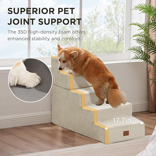 Joydeco Dog Stairs for Bed 25" H, 5-Step Pet Steps for Small Dogs and Cats, Dog Steps for High Bed, Non-Slip Balanced Ramp Indoor Pet Stairs, Beige