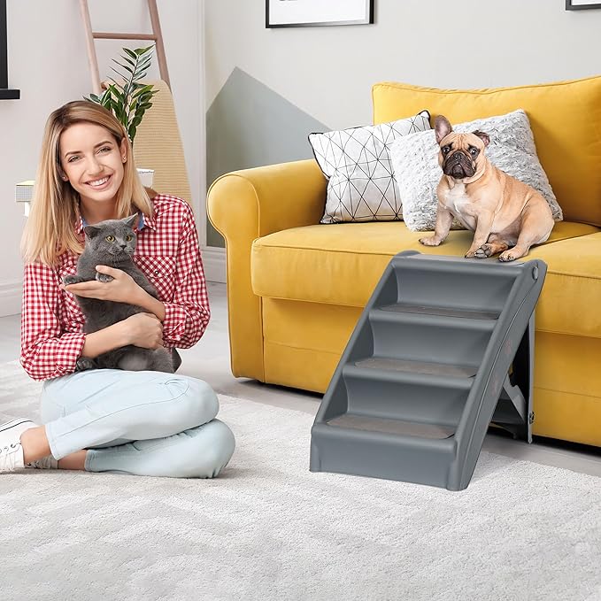 20" H 4-Step Dog Stairs for Small Dogs and Cats, Non-Slip Dog Steps for High Beds, Couch, Sofa, Sturdy Pet Steps (Grey)