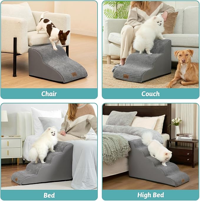 Dog Stairs for Small Dogs 15.7" H, Curved Dog Step for Puppy, Older Cat, Medium Pet Ramp for Sofa, Couch or Chair, Ladder with High Density Foam, 3 Step, 15.7x22.4x15.7 inch, Dark Grey