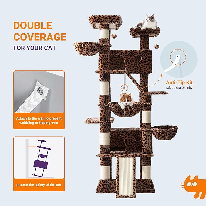 Allewie 81 Inches Tall Cat Tree/Multi-Level Large Climbing Tree House and Towers for Big Feline/Condo and Hammock/Scratching Post/Wide Base/Leopard Print