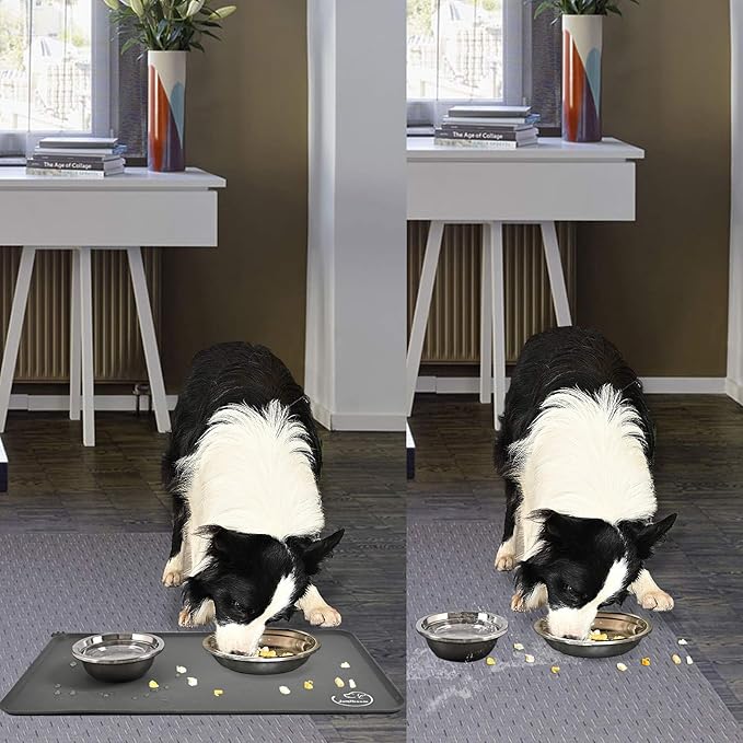 Silicone Waterproof Dog Cat Pet Feeding Mats, Non Slip, Easy Clean Pet Dog Cat Bowl Mats Placemat (28" x 24") Grey