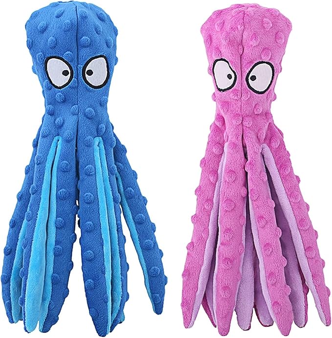 Squeaky Octopus Dog Toy – No Stuffing, Crinkle Sound Plush Chew Toy for Small and Medium Dogs – Durable and Machine Washable – 2 Pack (Blue & Pink)
