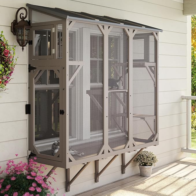 Large Window Catio Cat Window Box, Expandable Cat Catio for Indoor Cats, Outdoor Enclosure with 4 Platforms, 3 Doors for Sunbathing, Napping, Overlooking, All Weather Use